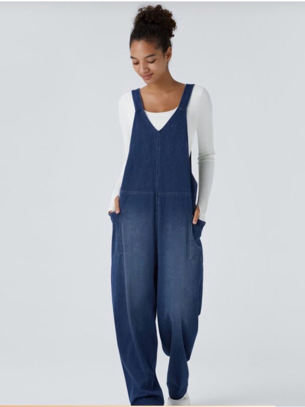 Halara Flex™ V-Neck Washed Denim Overalls – Medium (8/10) – Wide Leg